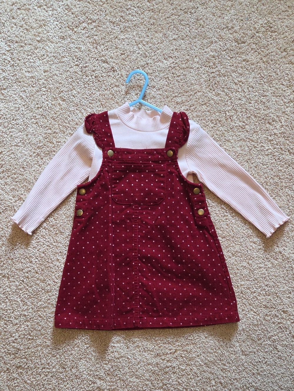 Blueberi Boulevard Burgundy Polka Dot Pinafore with Light Pink Top